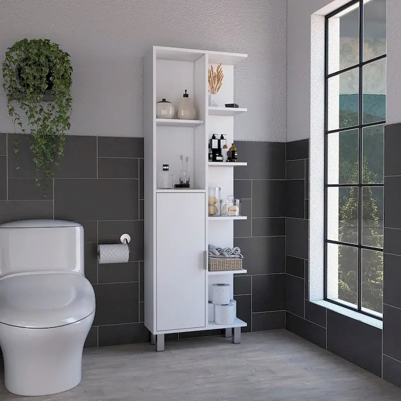 Armoire de salle de bain haute blanche avec étagères ouvertes et une porte
