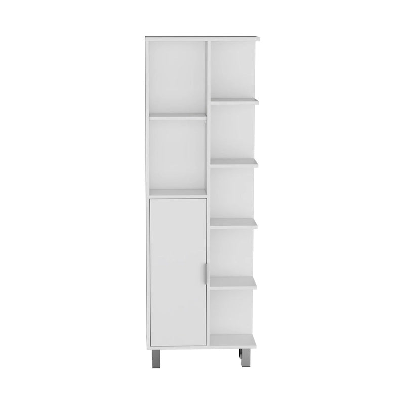 Armoire de salle de bain haute blanche avec étagères ouvertes et une porte