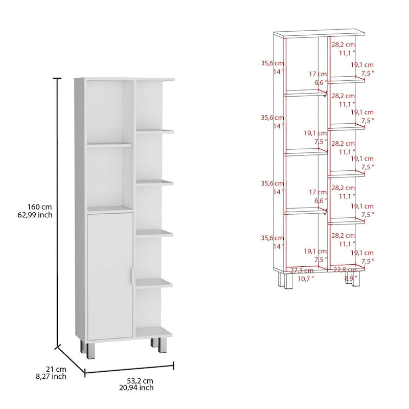 Armoire de salle de bain haute blanche avec étagères ouvertes et une porte