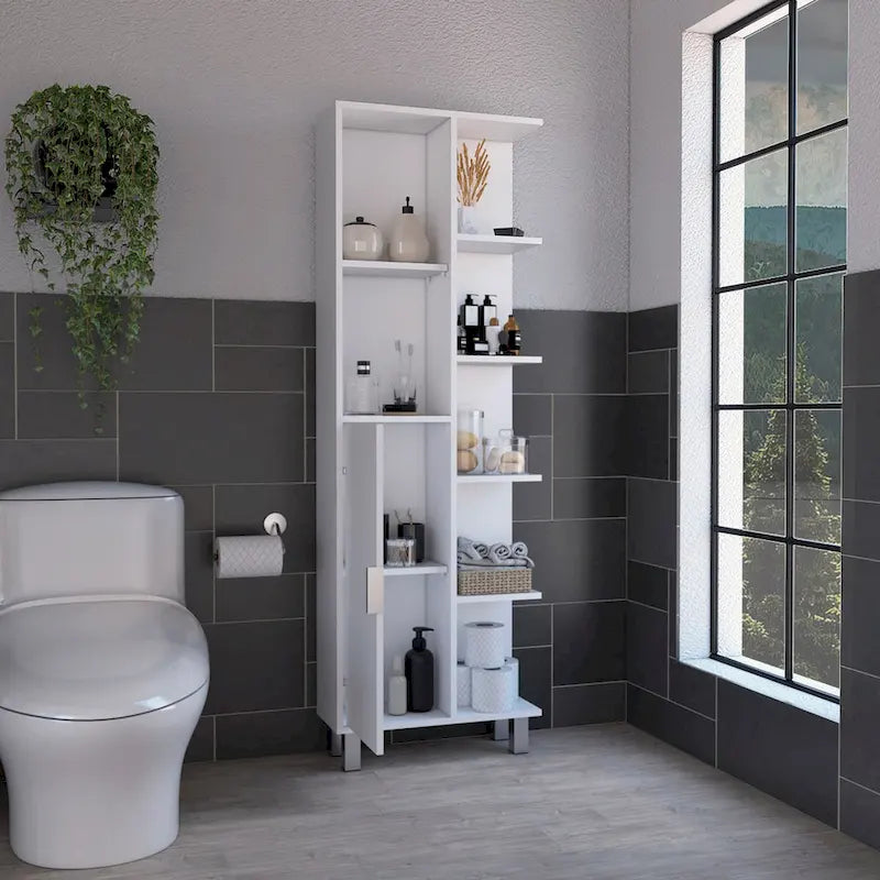 Armoire de salle de bain haute blanche avec étagères ouvertes et une porte