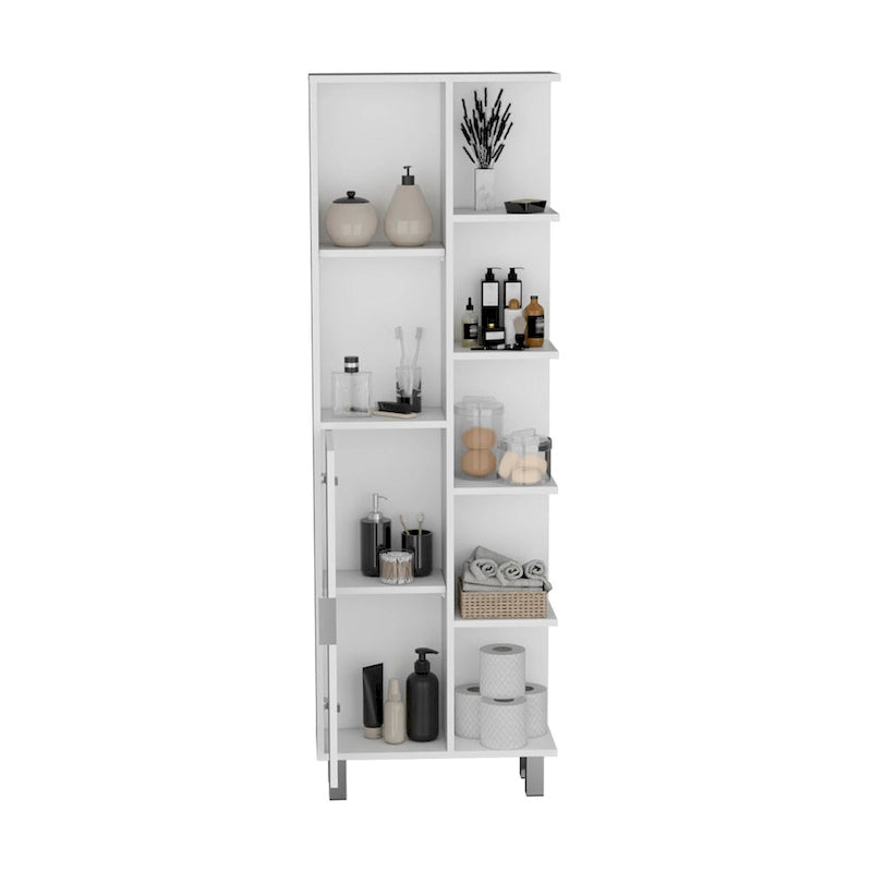 Armoire de salle de bain haute blanche avec étagères ouvertes et une porte