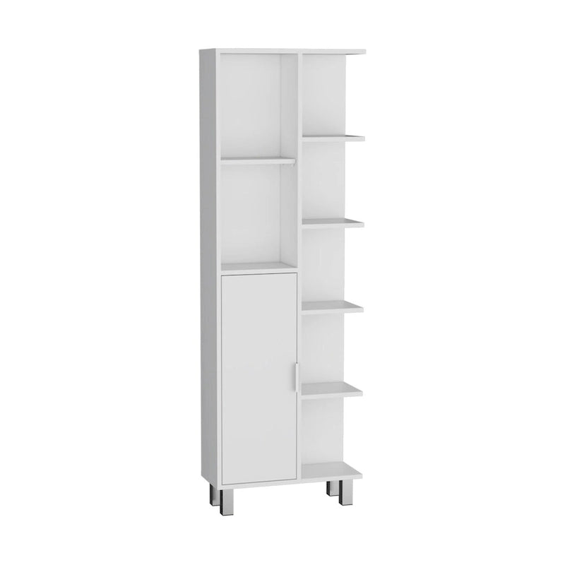 Armoire de salle de bain haute blanche avec étagères ouvertes et une porte