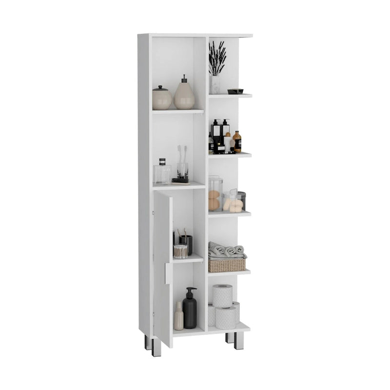 Armoire de salle de bain haute blanche avec étagères ouvertes et une porte