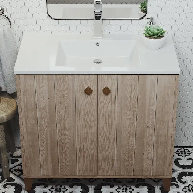 Lavabo de salle de bain carré en céramique à montage mural avec meuble-lavabo en bois brun