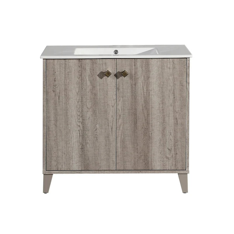 Lavabo de salle de bain carré en céramique à montage mural avec meuble-lavabo en bois brun