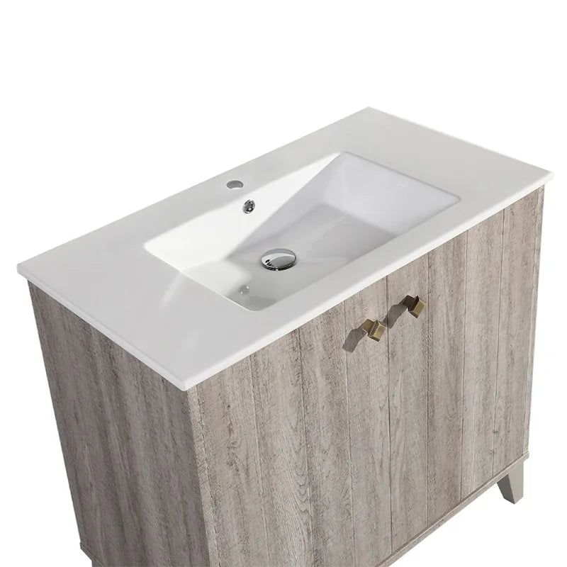 Lavabo de salle de bain carré en céramique à montage mural avec meuble-lavabo en bois brun