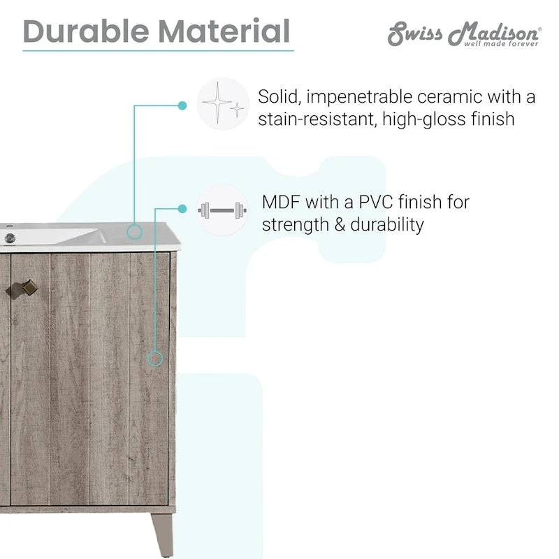 Lavabo de salle de bain carré en céramique à montage mural avec meuble-lavabo en bois brun