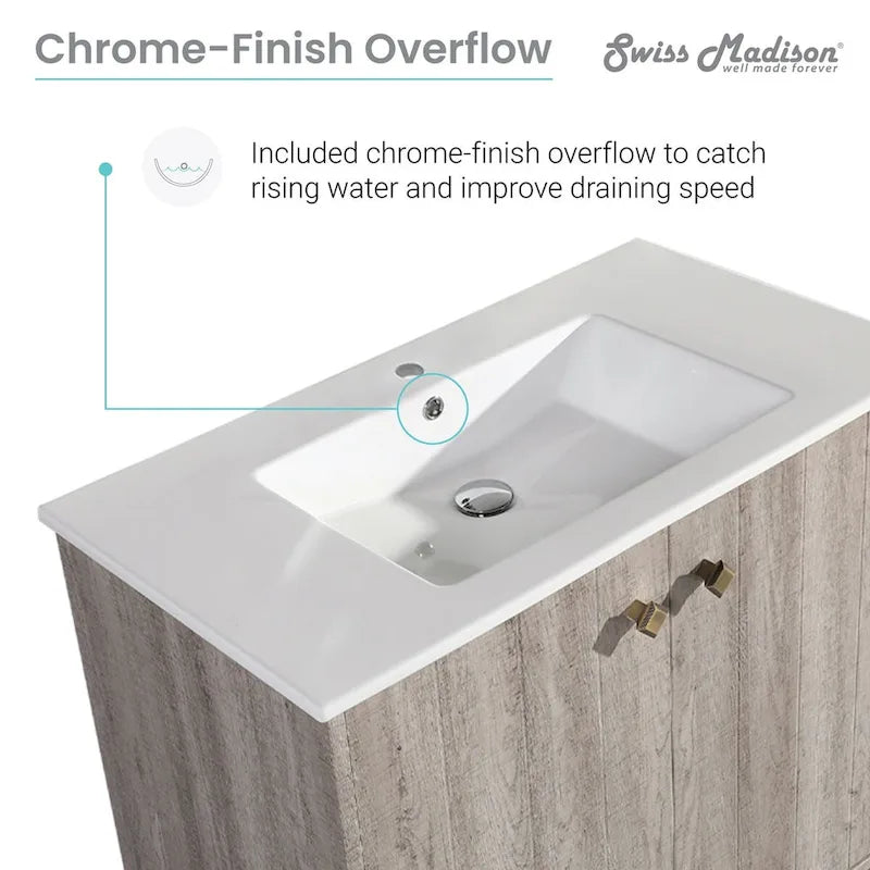 Lavabo de salle de bain carré en céramique à montage mural avec meuble-lavabo en bois brun