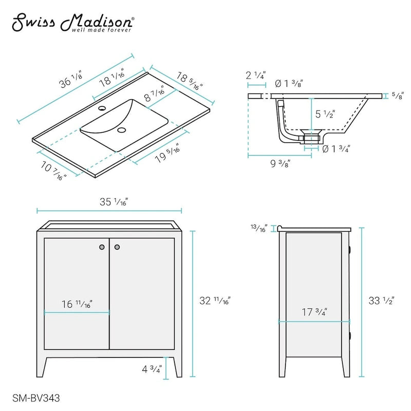 Lavabo de salle de bain carré en céramique à montage mural avec meuble-lavabo en bois brun