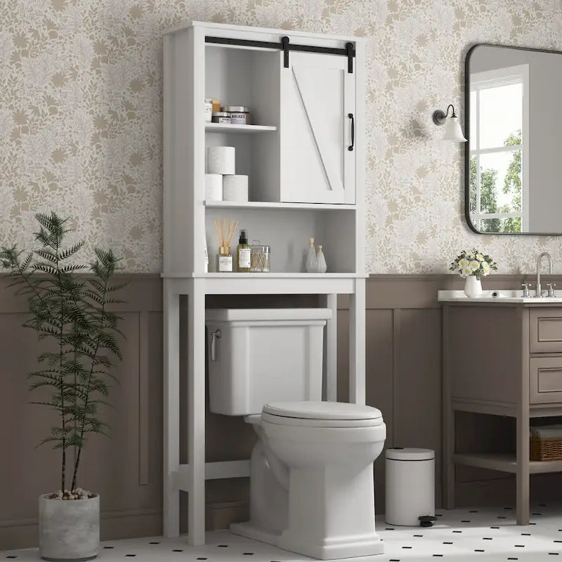Meuble de Rangement au-dessus des Toilettes avec Porte Coulissante Style Grange Blanc