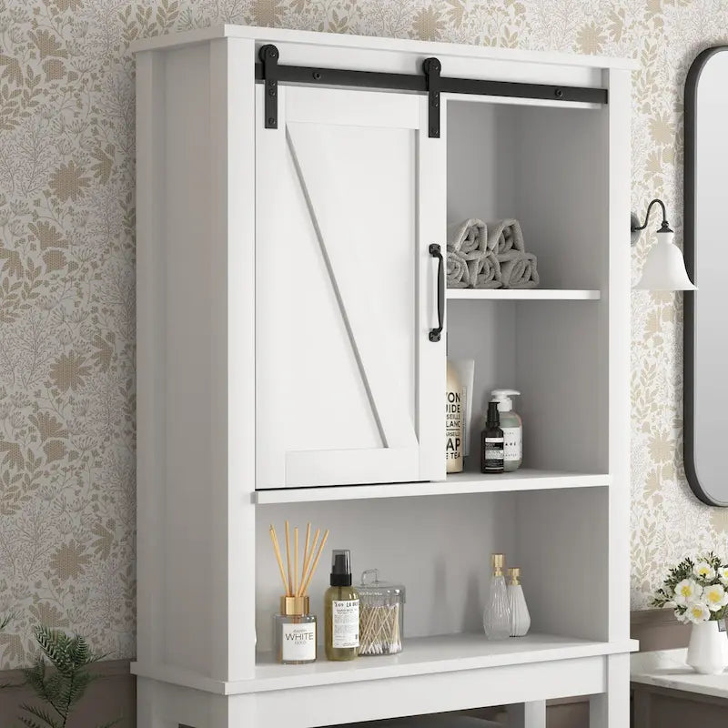 Meuble de Rangement au-dessus des Toilettes avec Porte Coulissante Style Grange Blanc