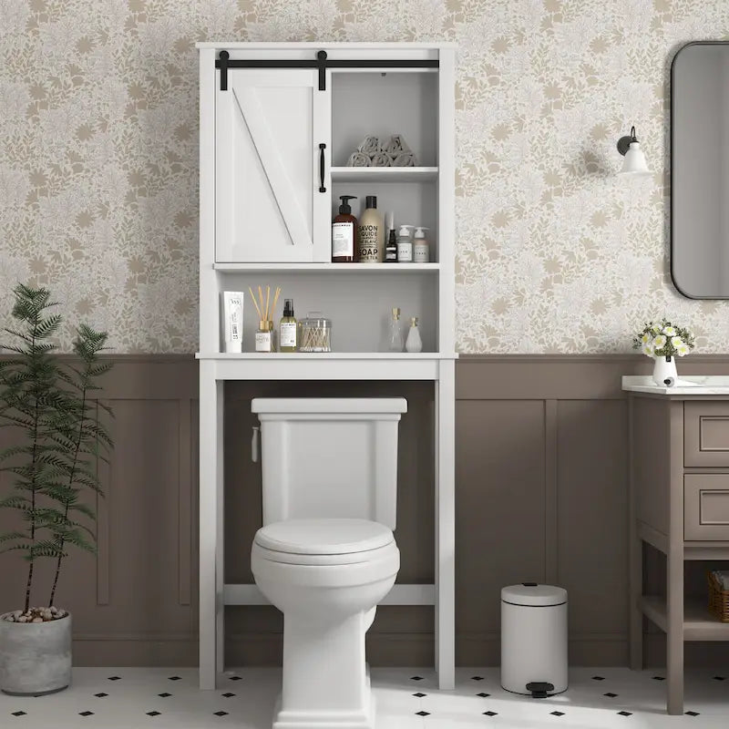 Meuble de Rangement au-dessus des Toilettes avec Porte Coulissante Style Grange Blanc