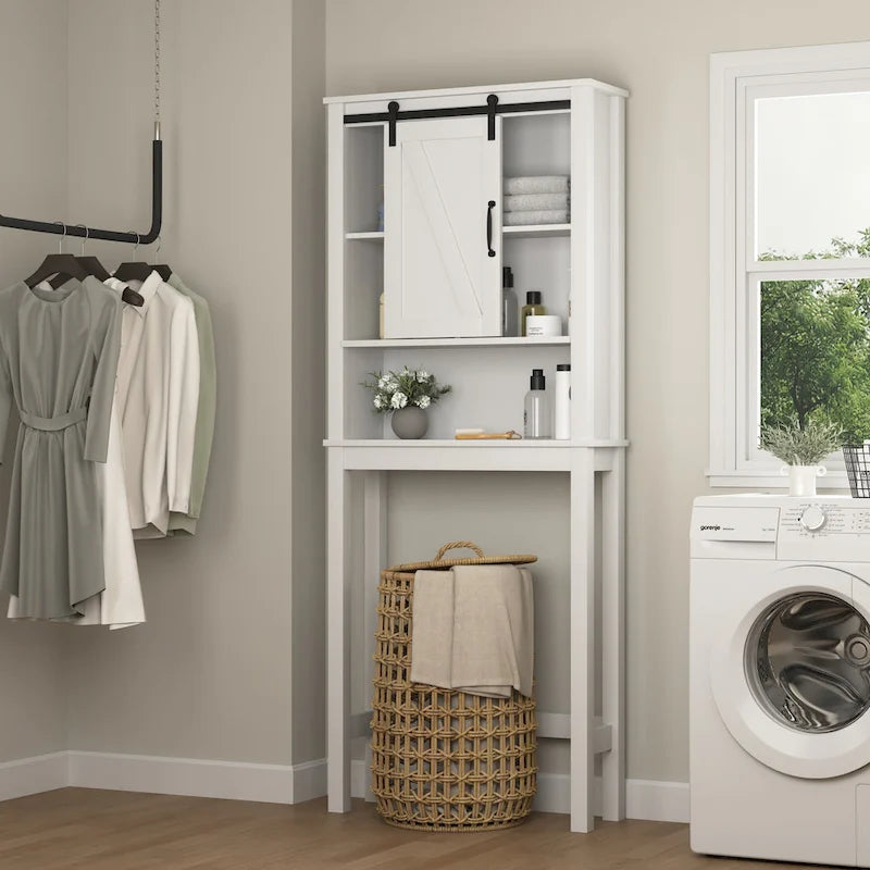 Meuble de Rangement au-dessus des Toilettes avec Porte Coulissante Style Grange Blanc