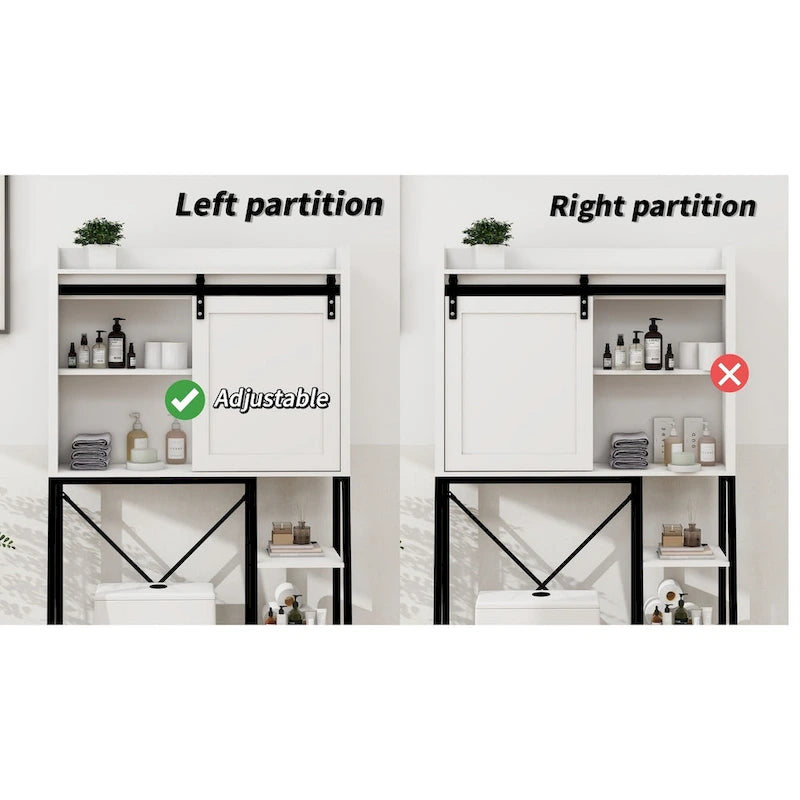 Meuble de rangement blanc à placer au-dessus des toilettes avec porte coulissante de style grange et étagères latérales ouvertes