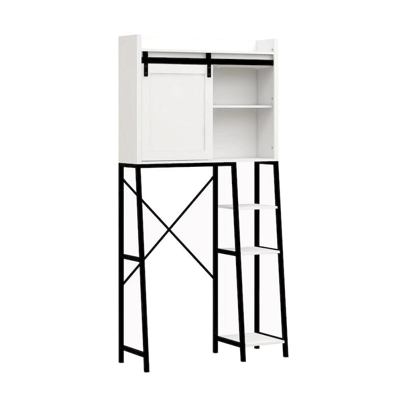 Meuble de rangement blanc à placer au-dessus des toilettes avec porte coulissante de style grange et étagères latérales ouvertes