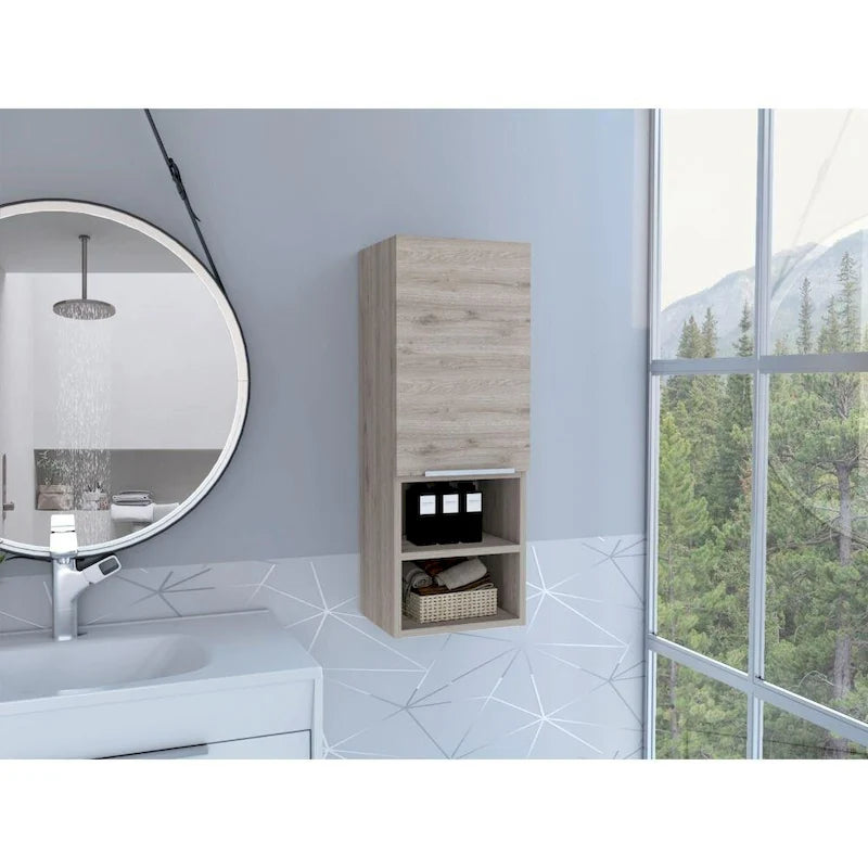 Armoire de salle de bain murale avec porte et étagères ouvertes Chêne fumé