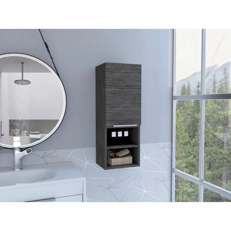 Armoire de salle de bain murale avec porte et étagères ouvertes Chêne fumé