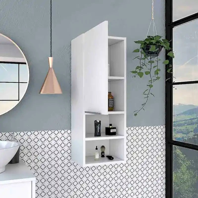 Armoire de salle de bain murale avec porte et étagères ouvertes Chêne fumé