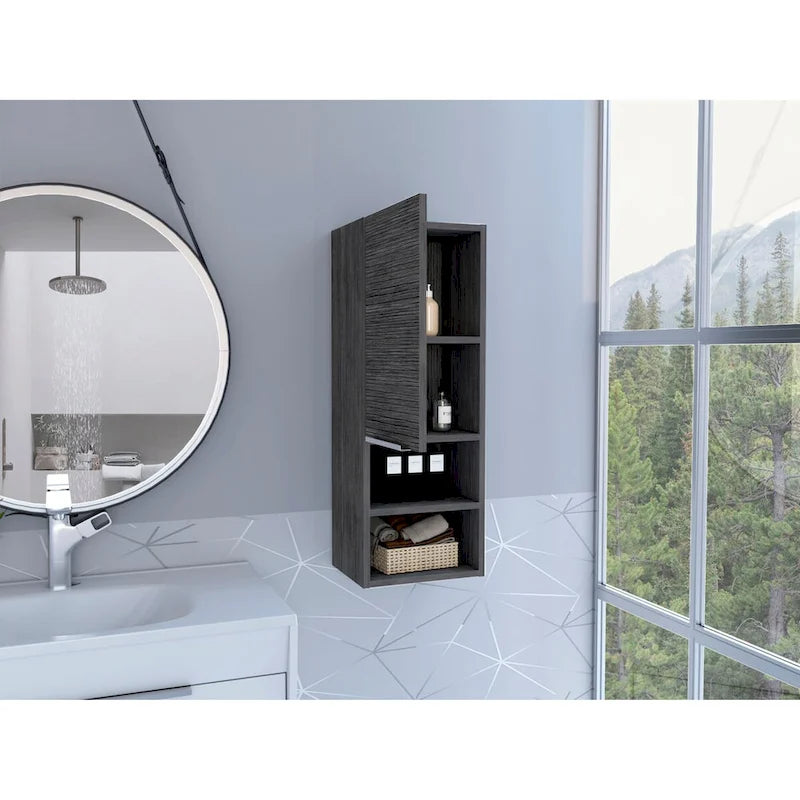 Armoire de salle de bain murale avec porte et étagères ouvertes Chêne fumé