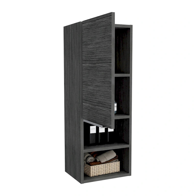 Armoire de salle de bain murale avec porte et étagères ouvertes Chêne fumé