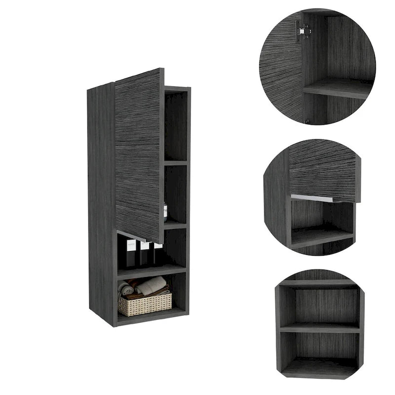 Armoire de salle de bain murale avec porte et étagères ouvertes Chêne fumé