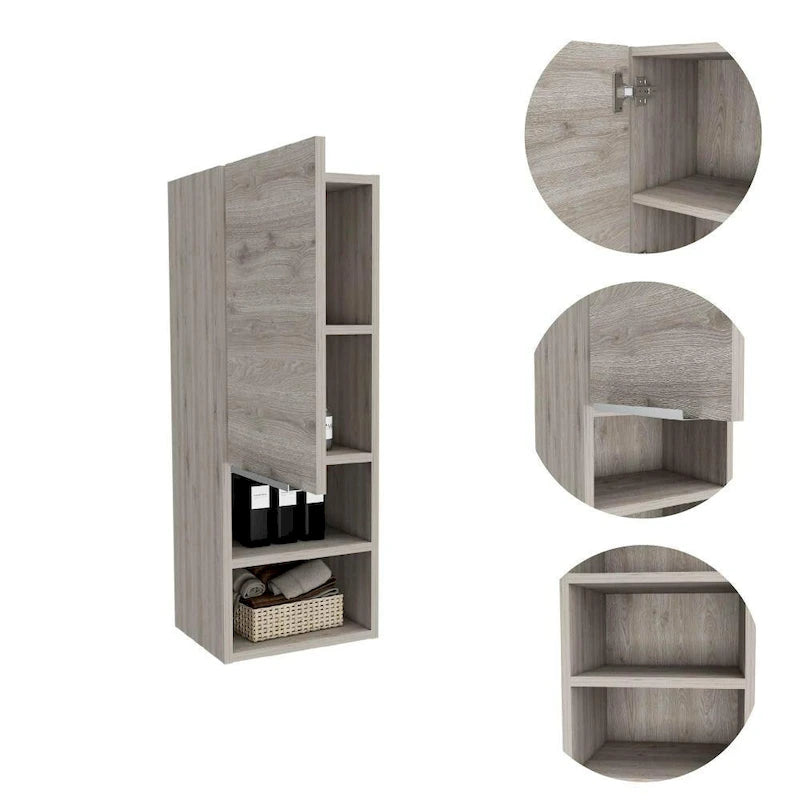 Armoire de salle de bain murale avec porte et étagères ouvertes Chêne fumé