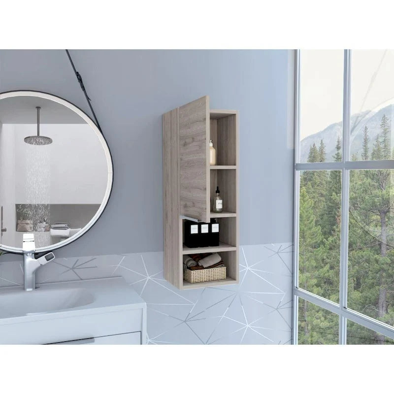 Armoire de salle de bain murale avec porte et étagères ouvertes Chêne fumé