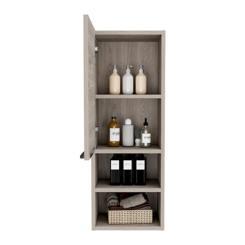 Armoire de salle de bain murale avec porte et étagères ouvertes Chêne fumé