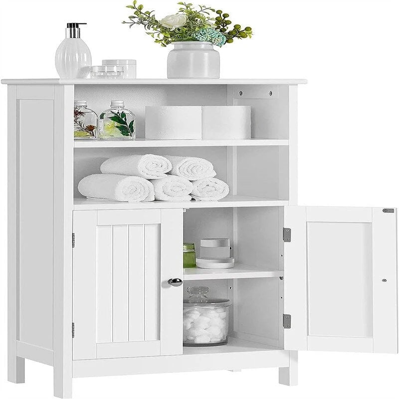 Meuble de rangement de salle de bain sur pied avec finition bois blanc, étagères réglables et portes doubles