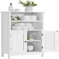 Meuble de rangement de salle de bain sur pied avec finition bois blanc, étagères réglables et portes doubles