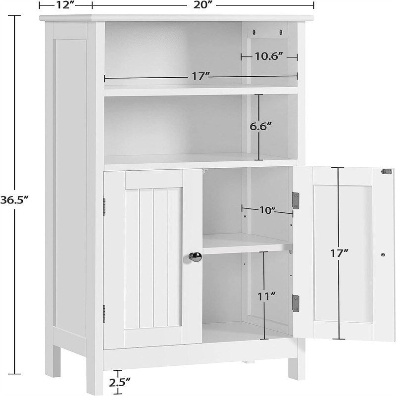 Meuble de rangement de salle de bain sur pied avec finition bois blanc, étagères réglables et portes doubles