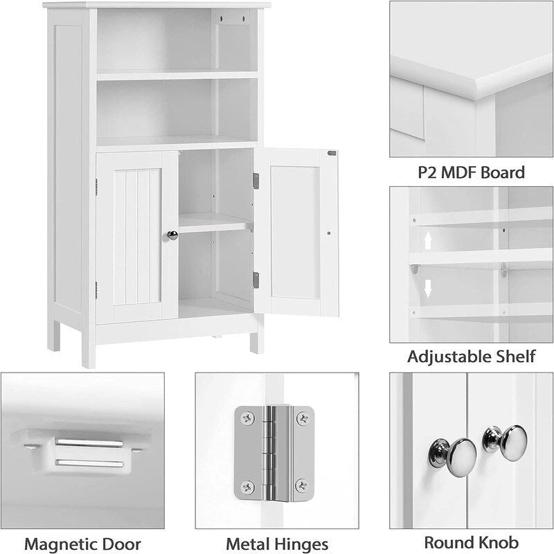 Meuble de rangement de salle de bain sur pied avec finition bois blanc, étagères réglables et portes doubles