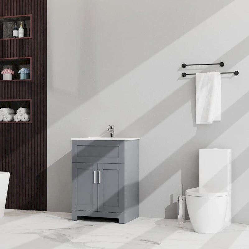 Meuble sous-vasque de salle de bain gris à deux portes avec lavabo en céramique encastré