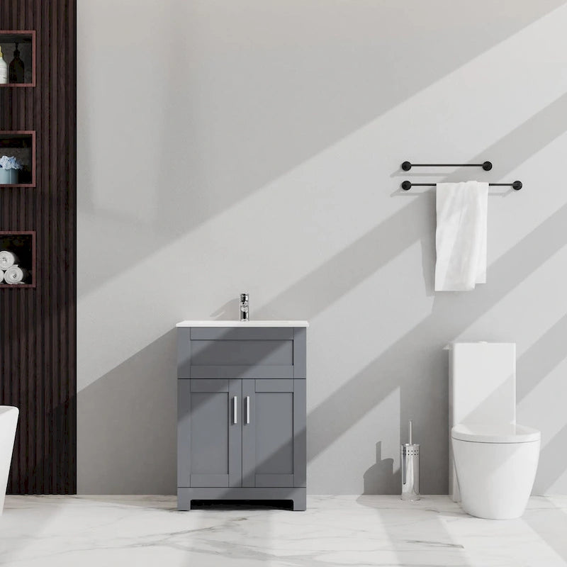 Meuble sous-vasque de salle de bain gris à deux portes avec lavabo en céramique encastré