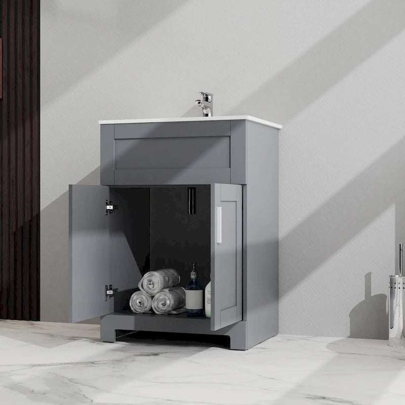 Meuble sous-vasque de salle de bain gris à deux portes avec lavabo en céramique encastré