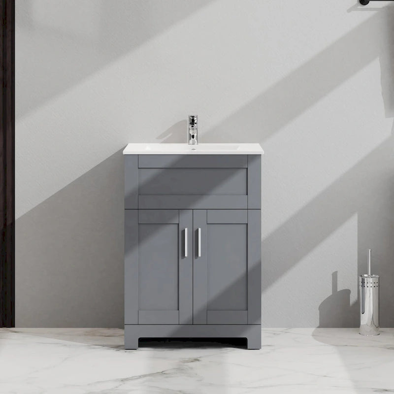 Meuble sous-vasque de salle de bain gris à deux portes avec lavabo en céramique encastré