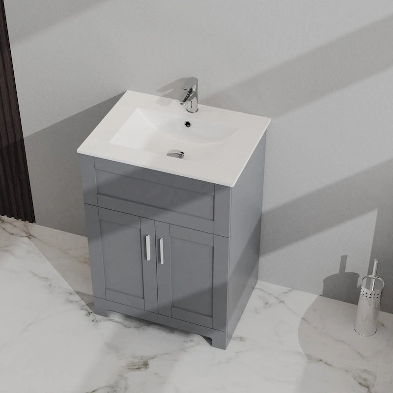 Meuble sous-vasque de salle de bain gris à deux portes avec lavabo en céramique encastré