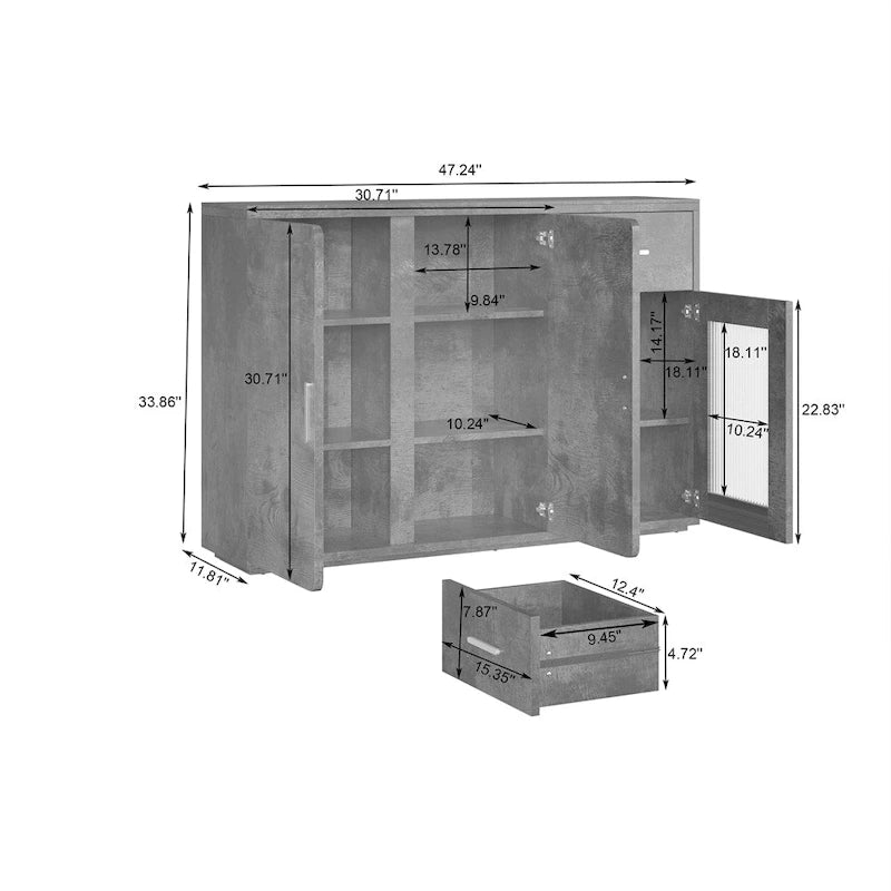 Buffet en bois blanc avec portes, tiroir et porte vitrée