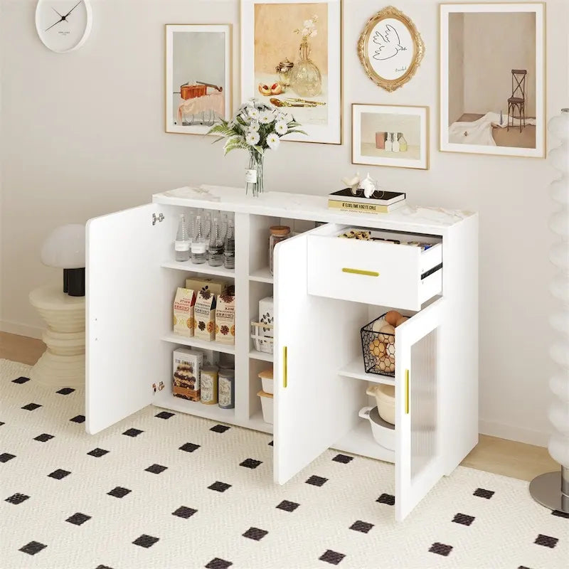 Buffet en bois blanc avec portes, tiroir et porte vitrée