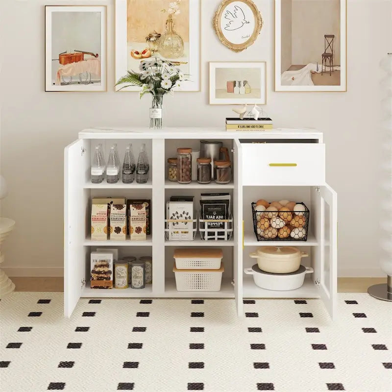 Buffet en bois blanc avec portes, tiroir et porte vitrée