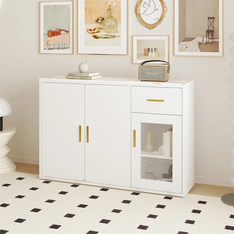 Buffet en bois blanc avec portes, tiroir et porte vitrée