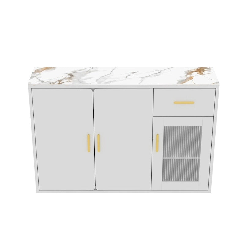 Buffet en bois blanc avec portes, tiroir et porte vitrée