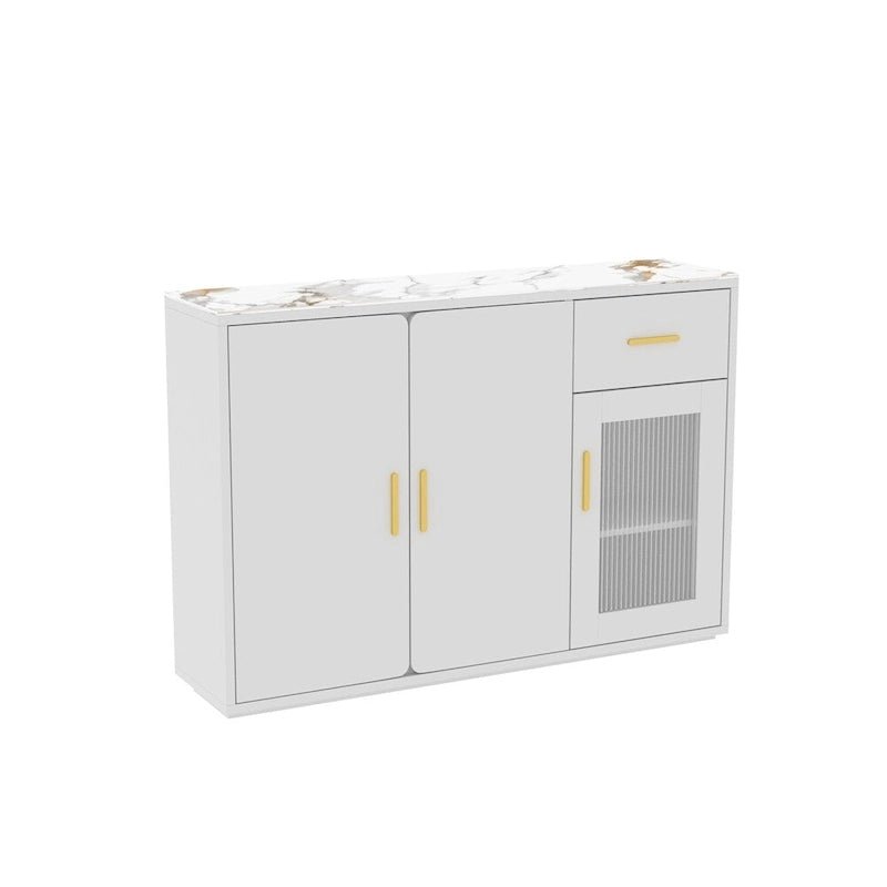 Buffet en bois blanc avec portes, tiroir et porte vitrée