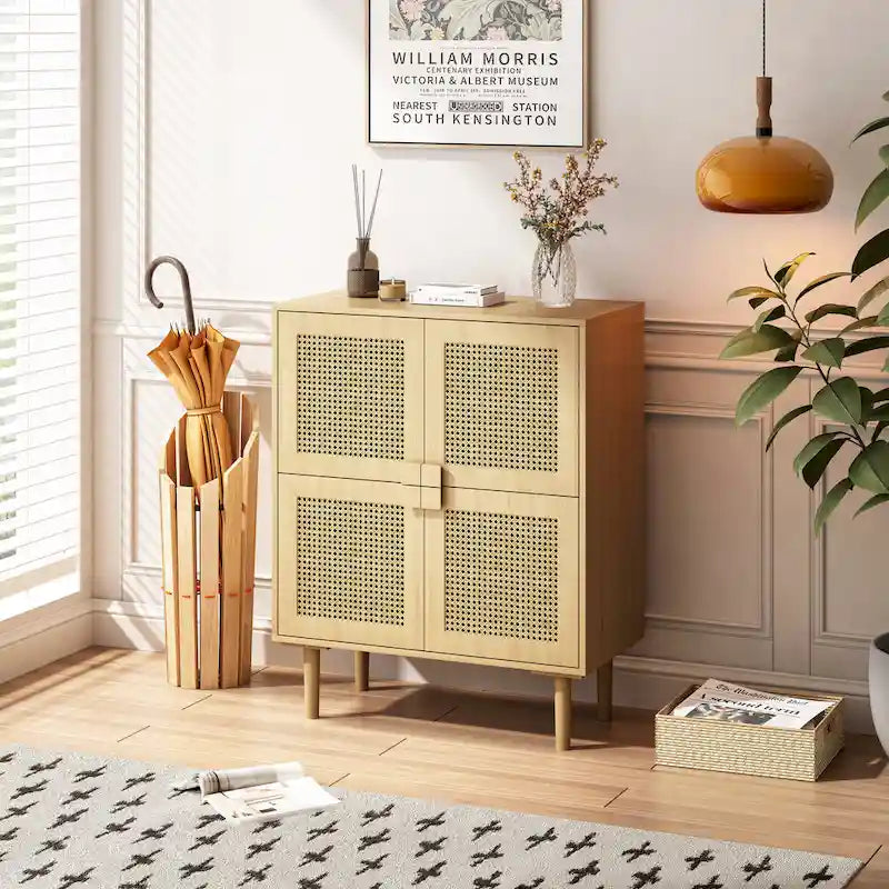 Meuble de rangement 4 portes en rotin naturel avec pieds et poignées en bois massif