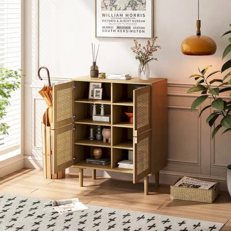 Meuble de rangement 4 portes en rotin naturel avec pieds et poignées en bois massif
