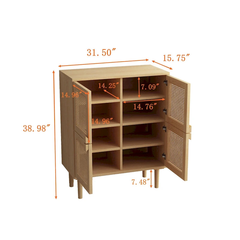 Meuble de rangement 4 portes en rotin naturel avec pieds et poignées en bois massif