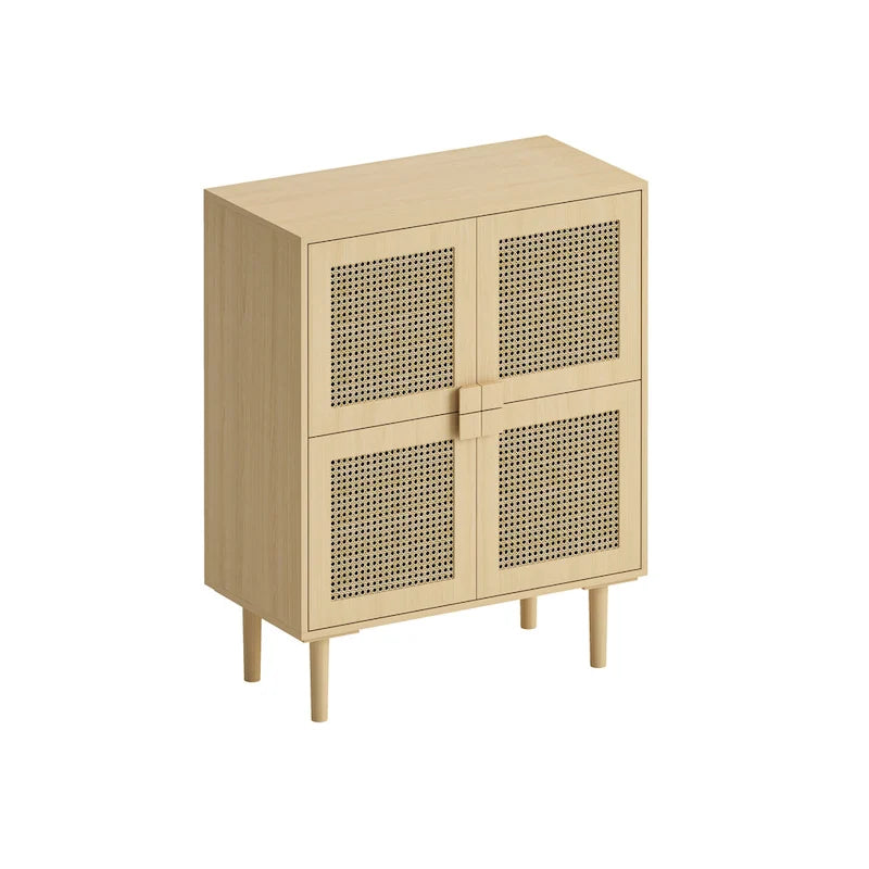 Meuble de rangement 4 portes en rotin naturel avec pieds et poignées en bois massif