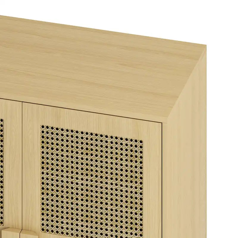 Meuble de rangement 4 portes en rotin naturel avec pieds et poignées en bois massif