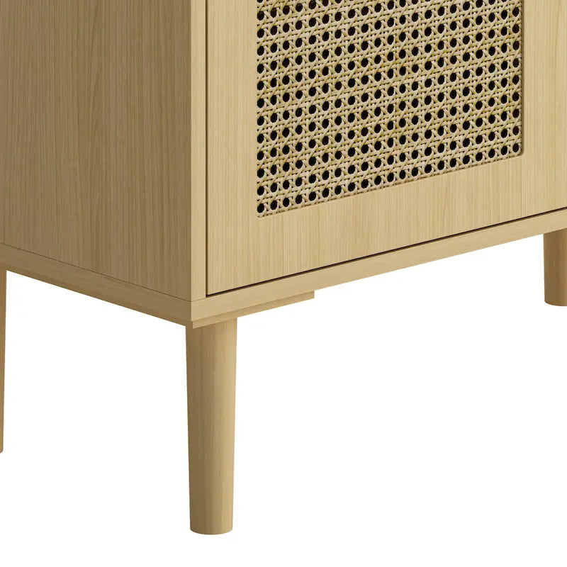 Meuble de rangement 4 portes en rotin naturel avec pieds et poignées en bois massif