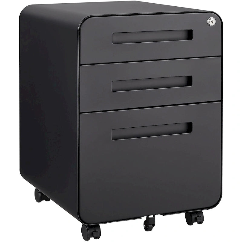Meuble de classement roulant 3 tiroirs avec serrure, 5 roulettes, acier noir
